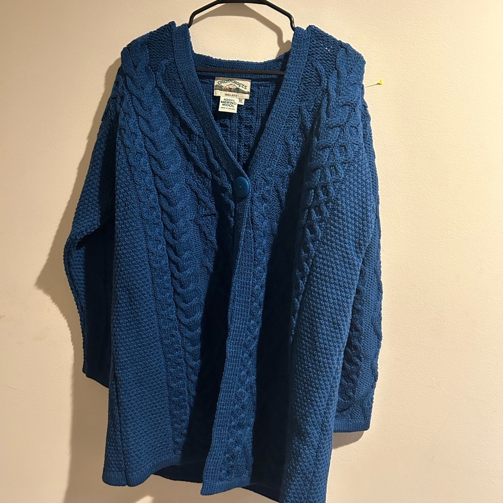 Blue 100% wool Aran Crafts cardigan XL